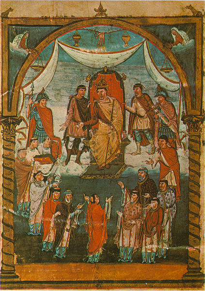 Monks present Vivien Bible to Charles III,  845, Bibliotheque nationale de France   Manuscrits Latin 1 Fol 423